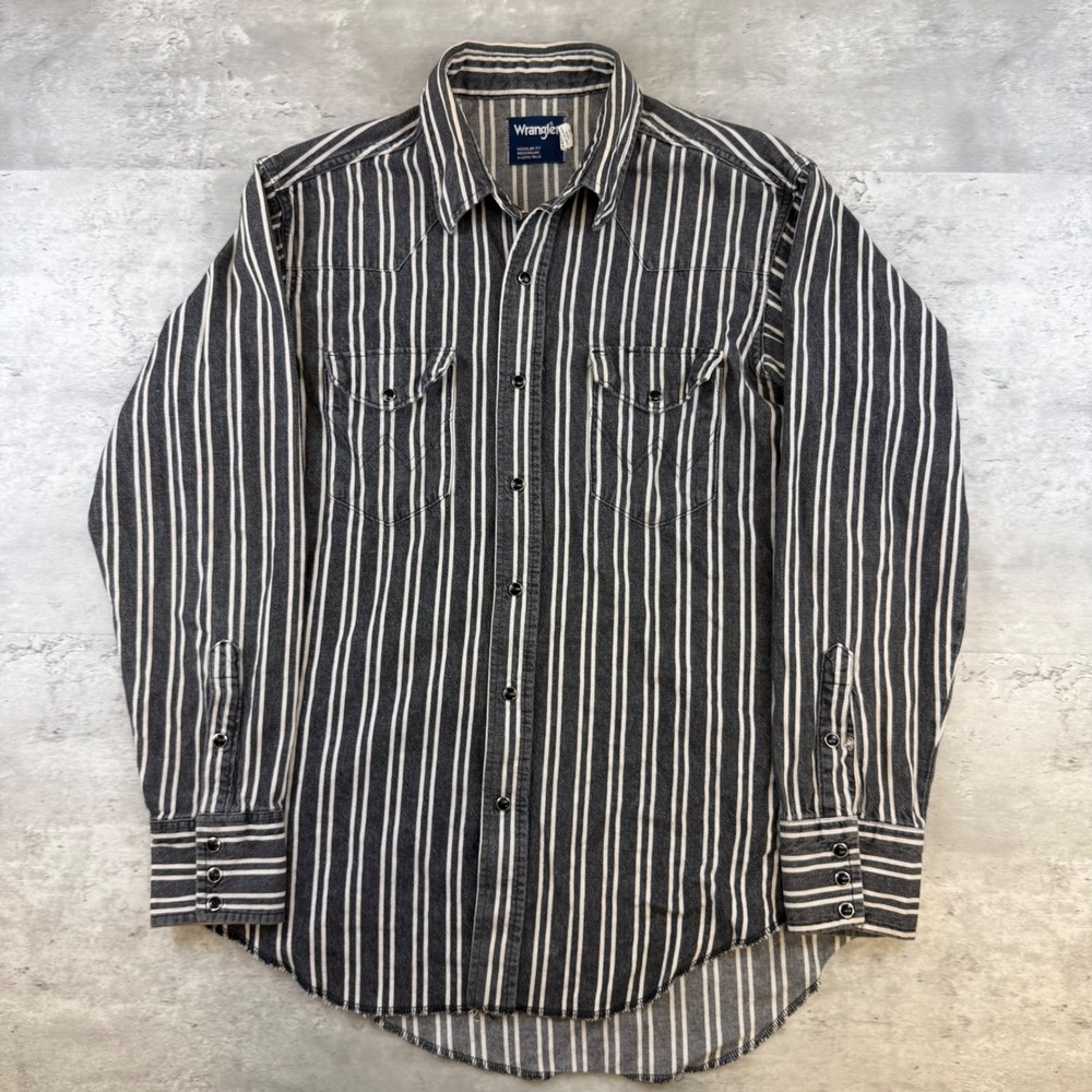 Wrangler Western Pearl Snap Shirt Mens 16.5 x 34 Black White Stripe Made in USA